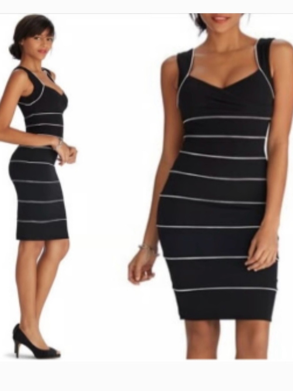 White House Black Market Instantly Slimming Black Midi Dress with White Trim 8